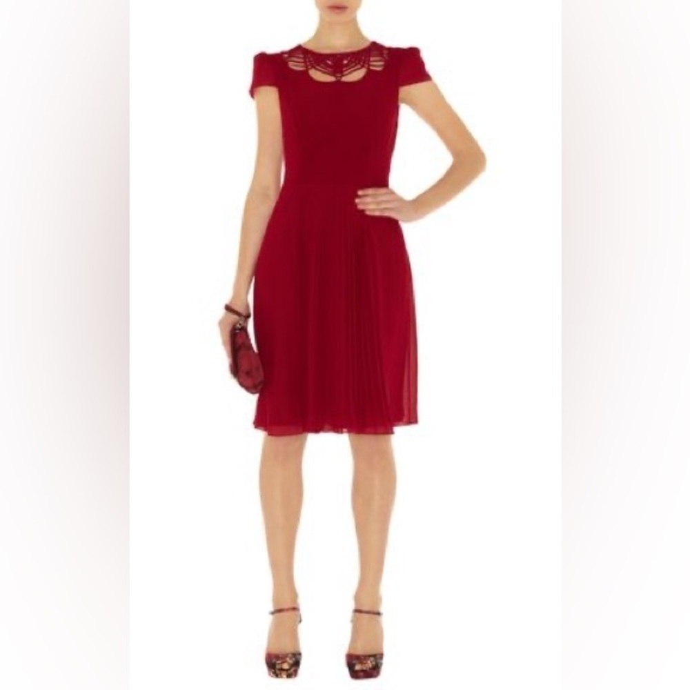 Karen Millen UK Pleated Red Tea Dress w/ Cut outs | UK 10, US 6